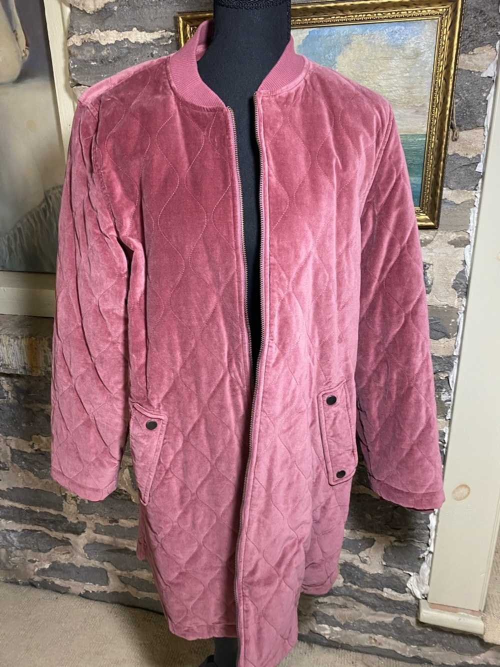 Garnet Hill Quilted Long Coat in Mauve Velveteen